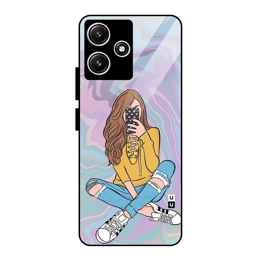 Selfie Girl Illustration Glass Back Case for Redmi 12 5G
