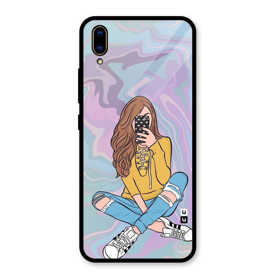 Selfie Girl Illustration Glass Back Case for Vivo V11 Pro