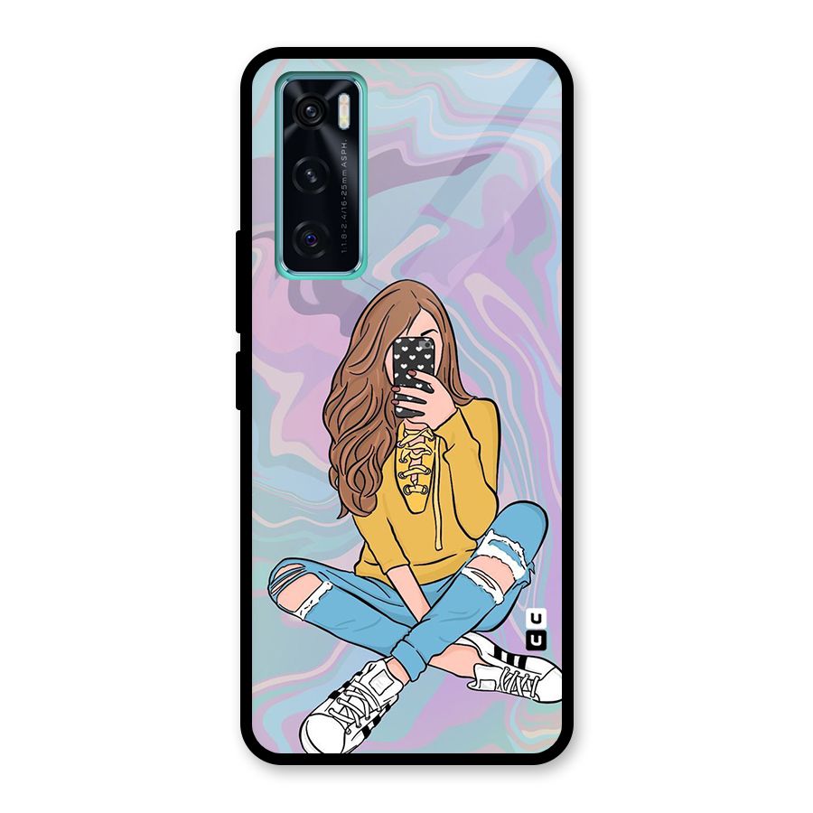 Selfie Girl Illustration Glass Back Case for Vivo V20 SE