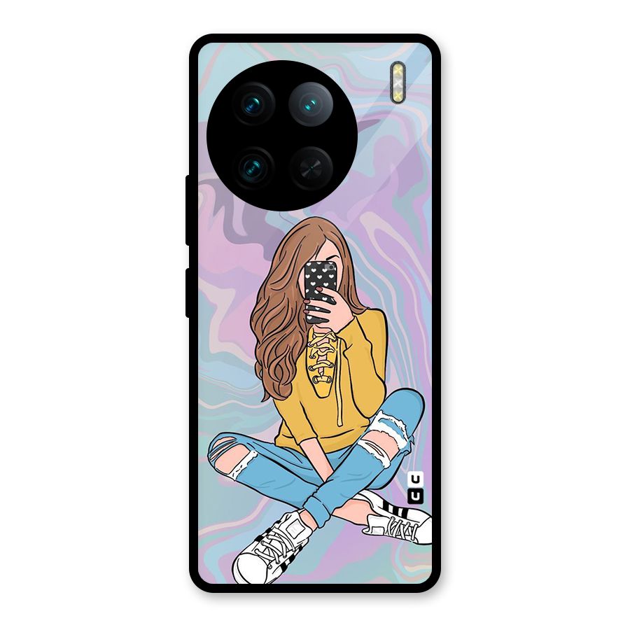 Selfie Girl Illustration Glass Back Case for Vivo X90 Pro
