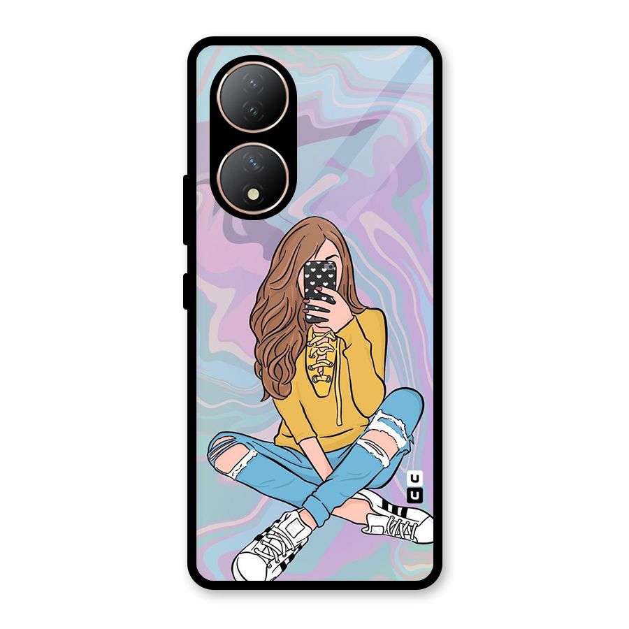 Selfie Girl Illustration Glass Back Case for Vivo Y100