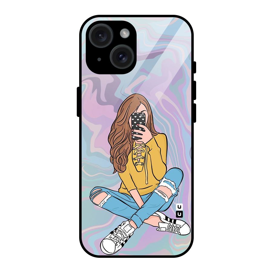 Selfie Girl Illustration Glass Back Case for iPhone 15