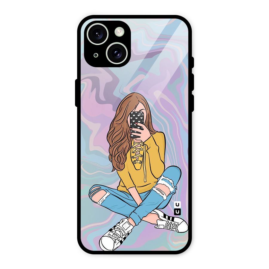 Selfie Girl Illustration Glass Back Case for iPhone 15 Plus