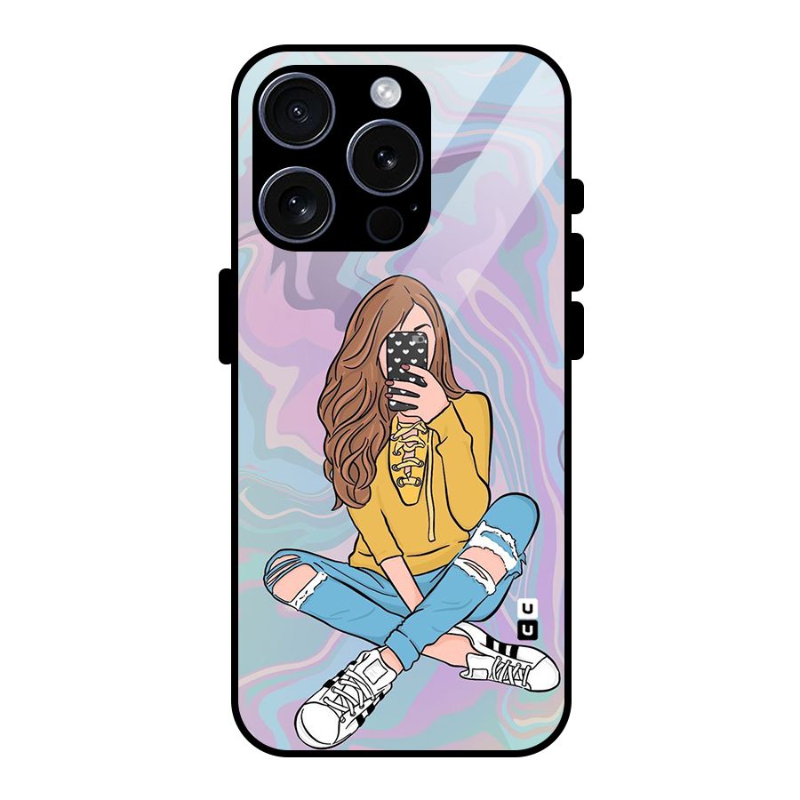 Selfie Girl Illustration Glass Back Case for iPhone 15 Pro