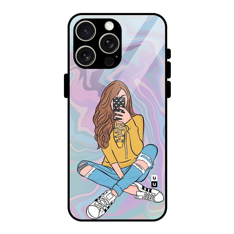 Selfie Girl Illustration Glass Back Case for iPhone 15 Pro Max