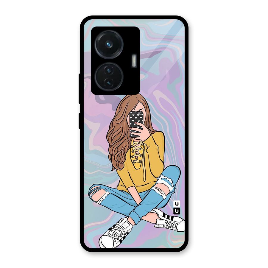 Selfie Girl Illustration Glass Back Case for iQOO Z6 44W