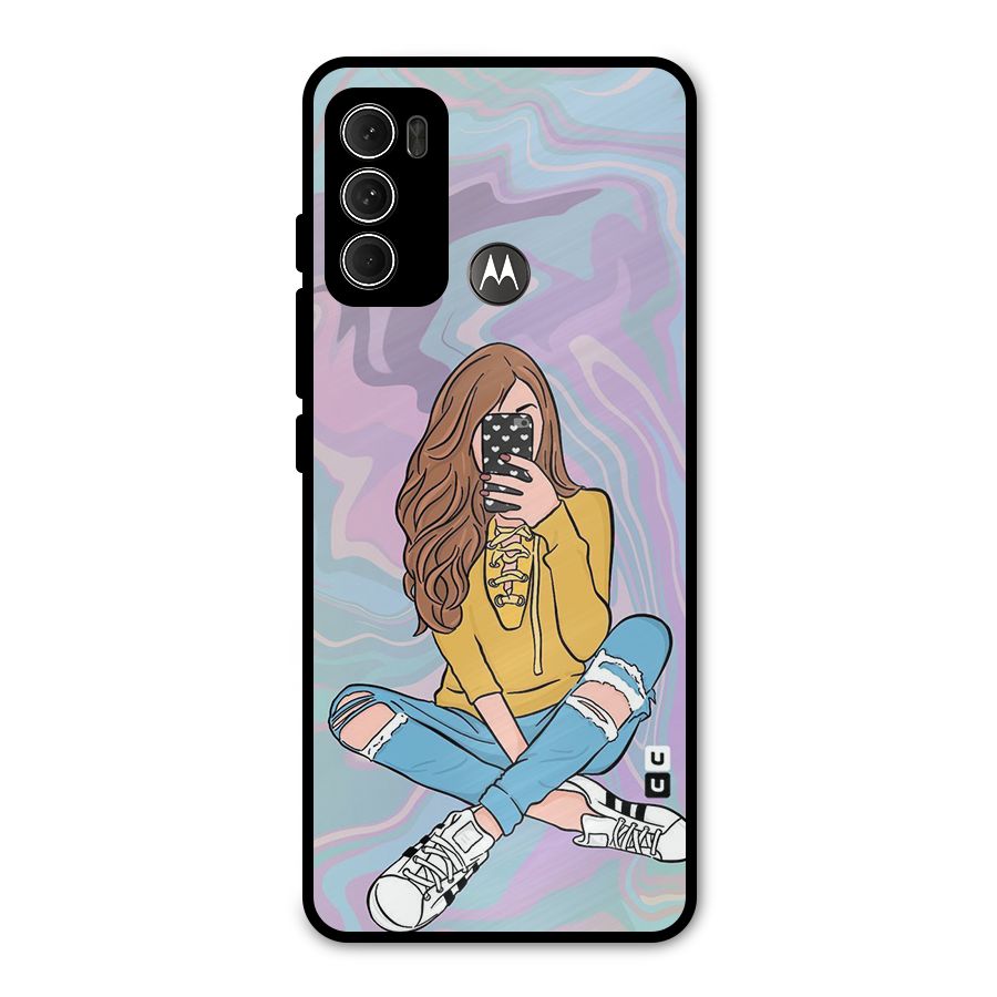Selfie Girl Illustration Metal Back Case for Moto G60