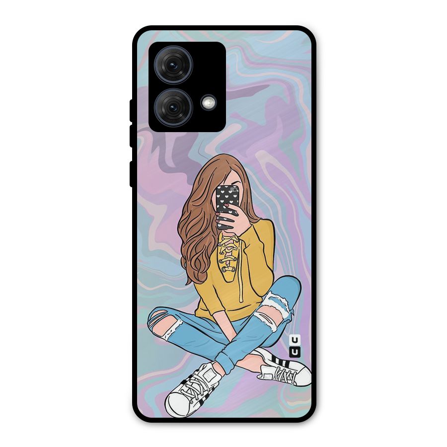 Selfie Girl Illustration Metal Back Case for Moto G84