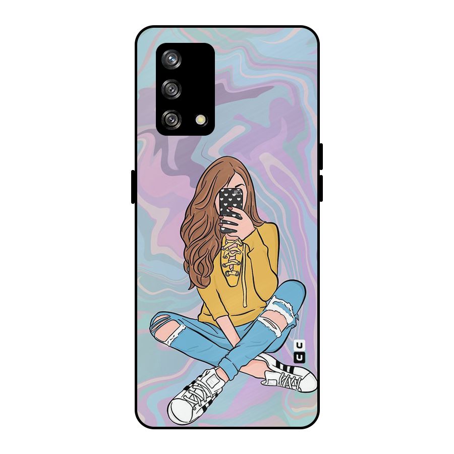 Selfie Girl Illustration Metal Back Case for Oppo F19