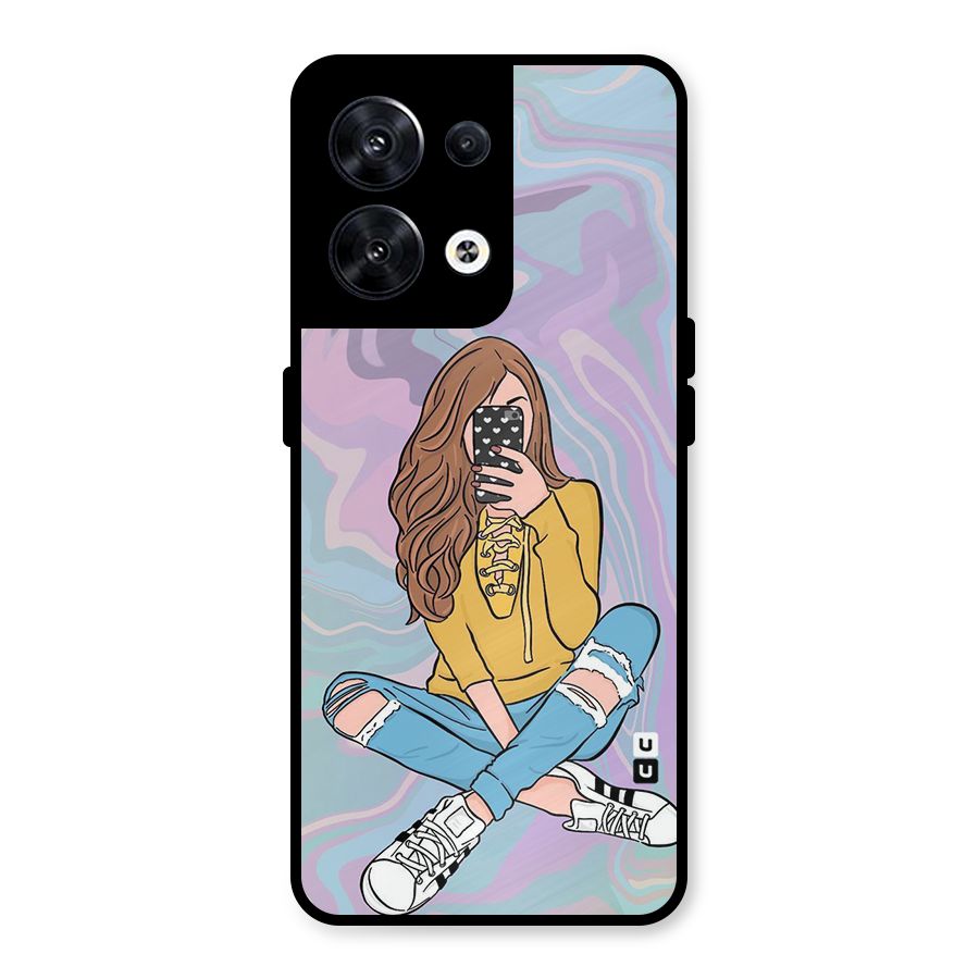 Selfie Girl Illustration Metal Back Case for Oppo Reno8 5G
