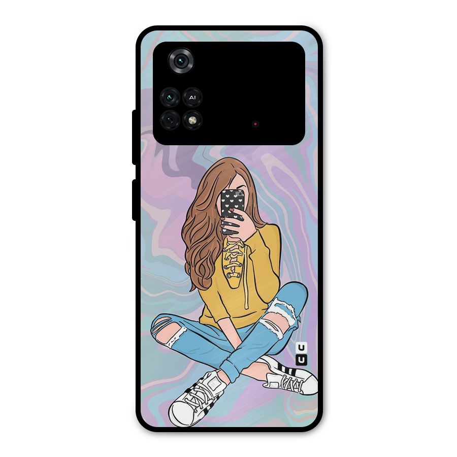 Selfie Girl Illustration Metal Back Case for Poco M4 Pro 4G