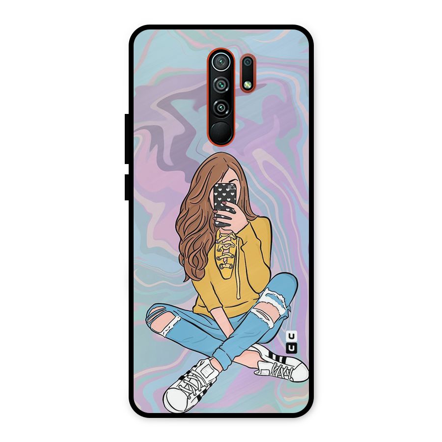 Selfie Girl Illustration Metal Back Case for Redmi 9 Prime