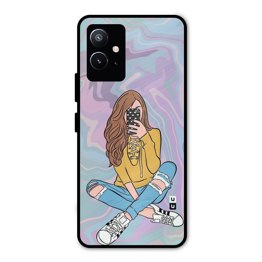 Selfie Girl Illustration Metal Back Case for Vivo T1 5G