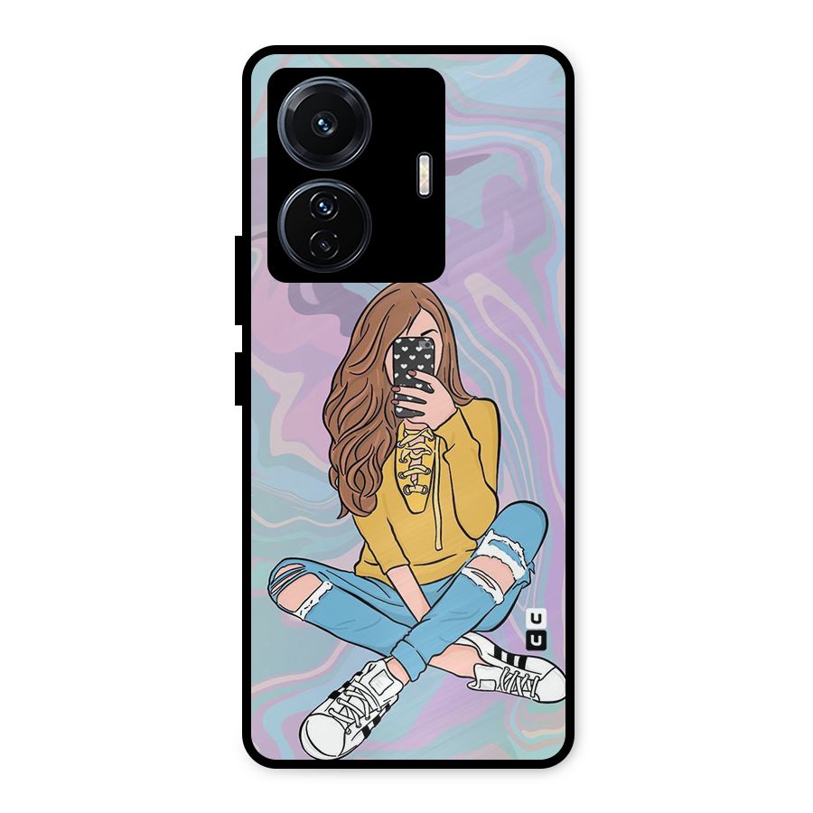 Selfie Girl Illustration Metal Back Case for Vivo T1 Pro