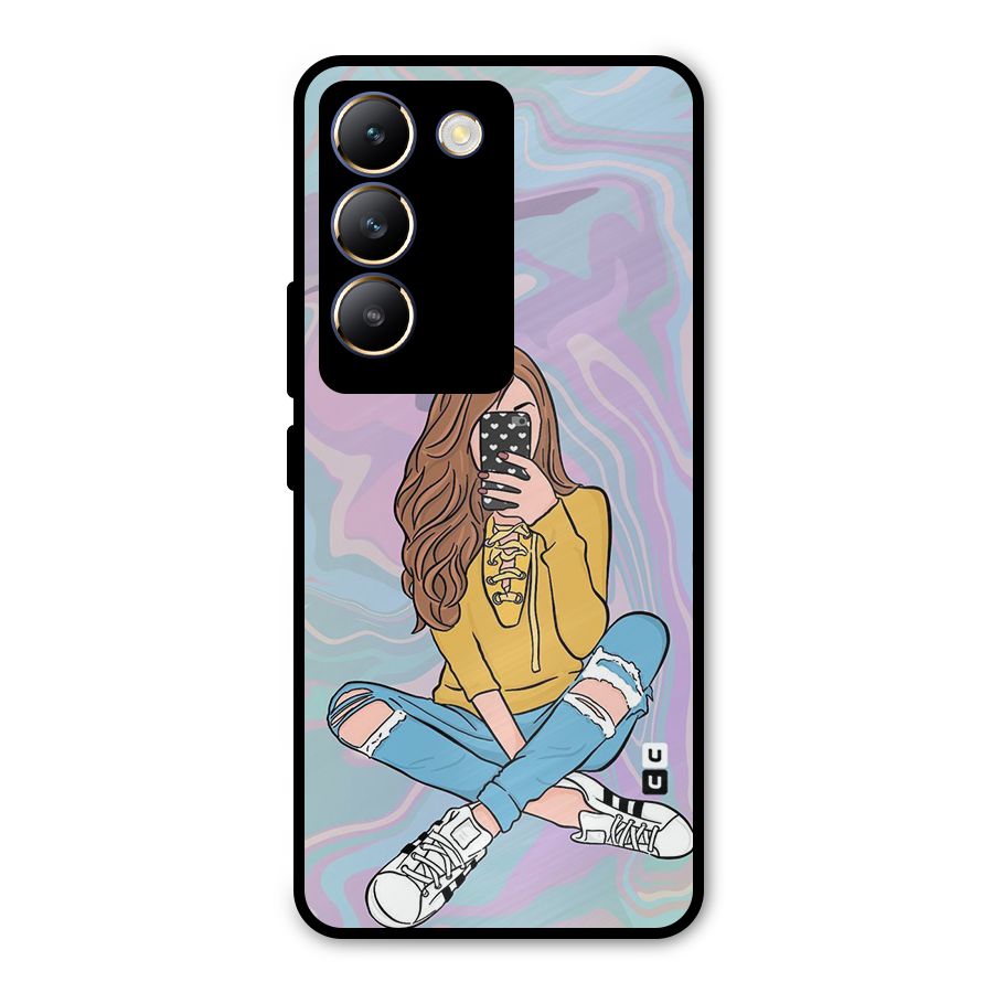 Selfie Girl Illustration Metal Back Case for Vivo T3 5G
