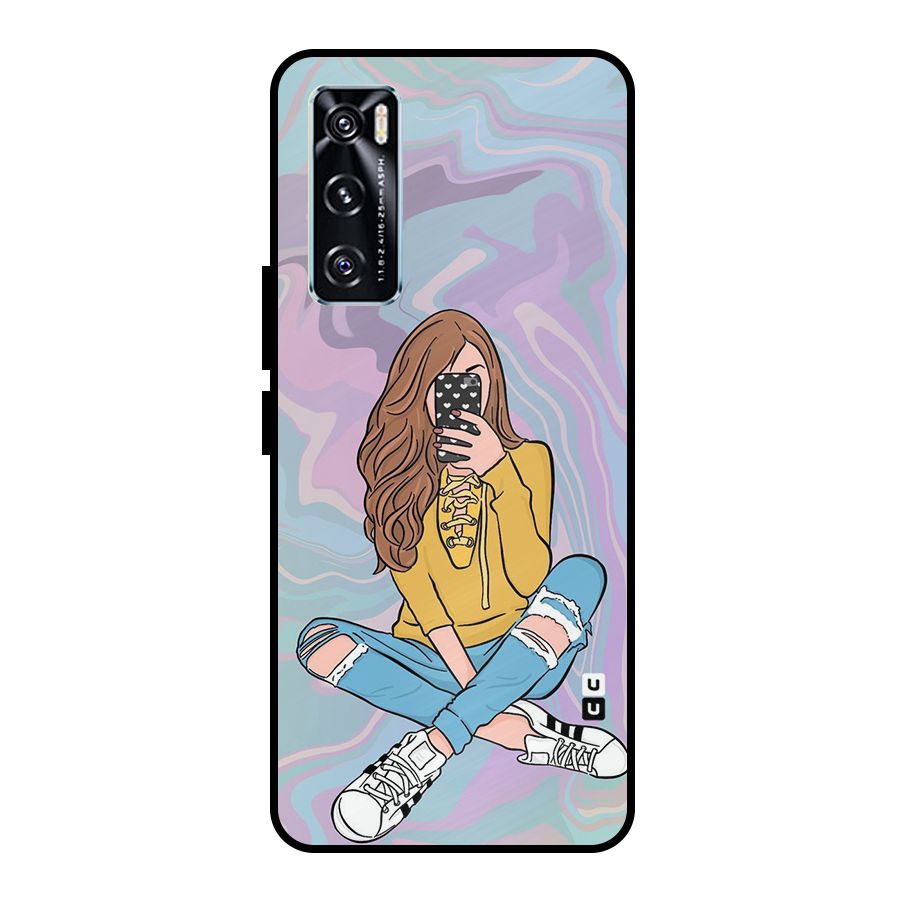 Selfie Girl Illustration Metal Back Case for Vivo V20 SE