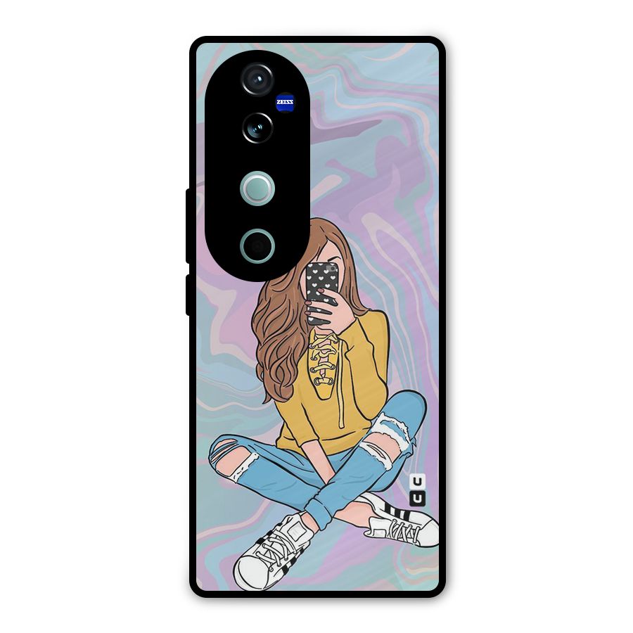 Selfie Girl Illustration Metal Back Case for Vivo V40