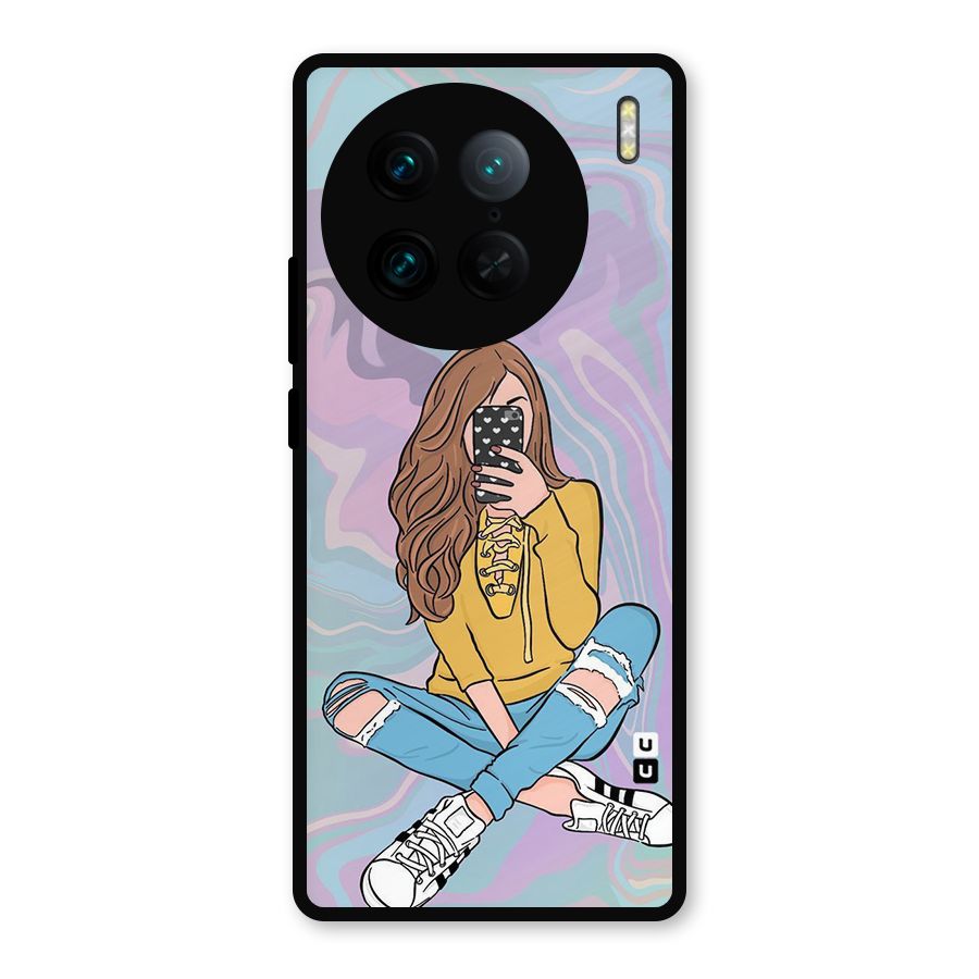 Selfie Girl Illustration Metal Back Case for Vivo X90 Pro