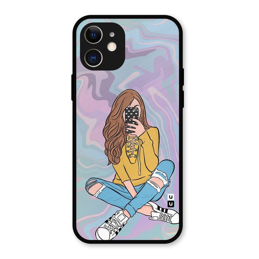 Selfie Girl Illustration Metal Back Case for iPhone 12