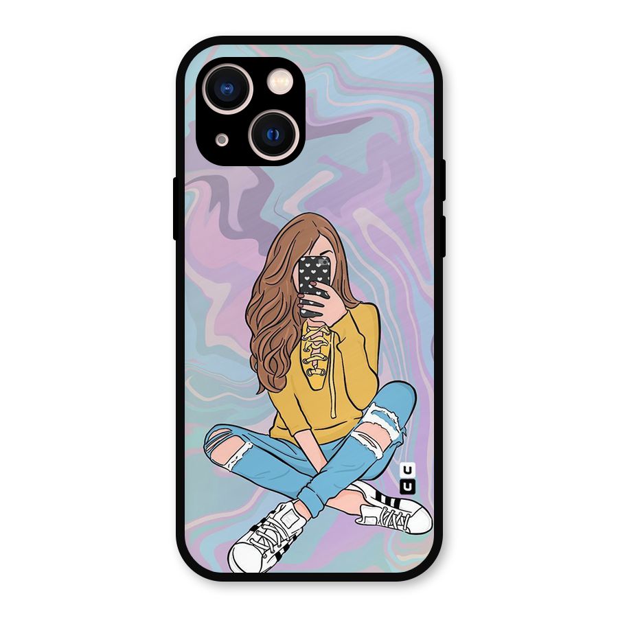 Selfie Girl Illustration Metal Back Case for iPhone 13