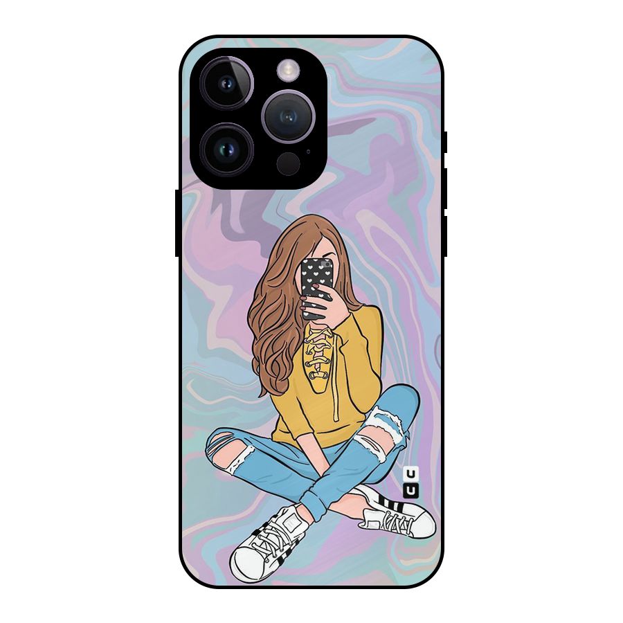 Selfie Girl Illustration Metal Back Case for iPhone 14 Pro Max
