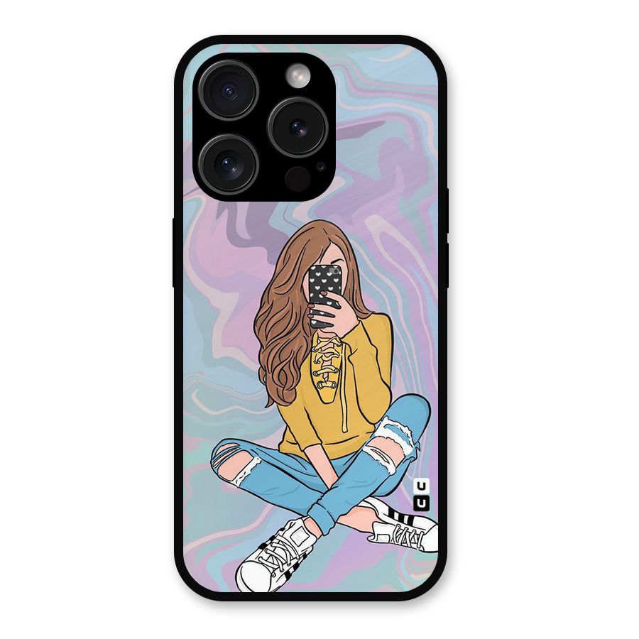 Selfie Girl Illustration Metal Back Case for iPhone 15 Pro