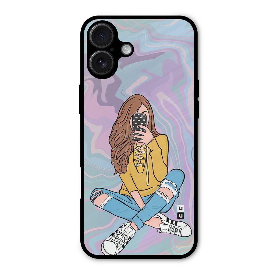 Selfie Girl Illustration Metal Back Case for iPhone 16 Plus