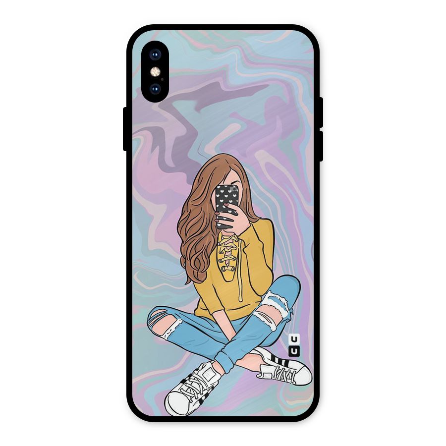 Selfie Girl Illustration Metal Back Case for iPhone XS Max