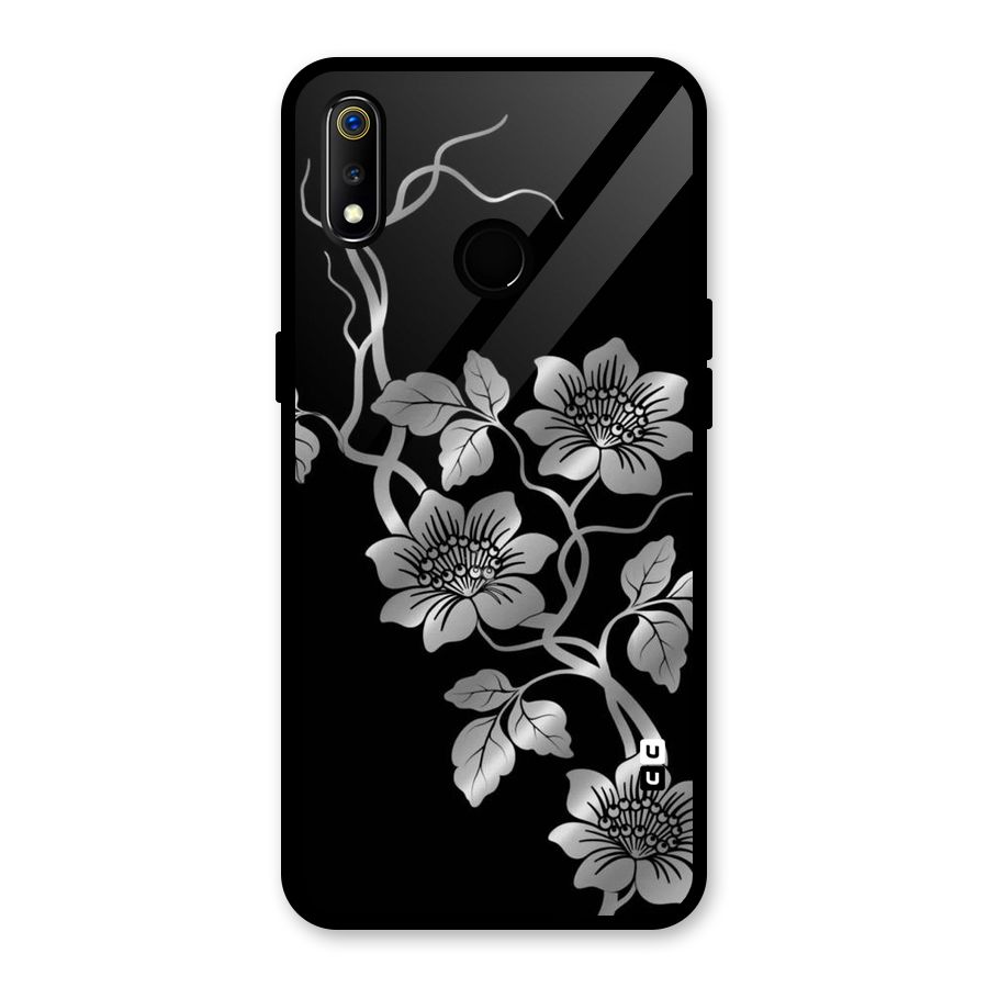 Silver Grey Flowers Glass Back Case for Realme 3