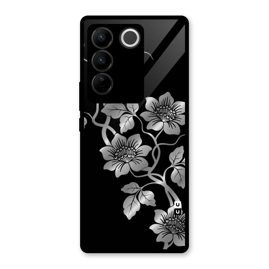 Silver Grey Flowers Glass Back Case for Vivo V27