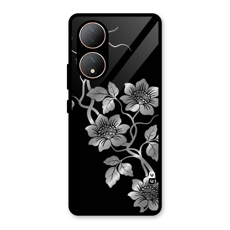 Silver Grey Flowers Glass Back Case for Vivo Y100A