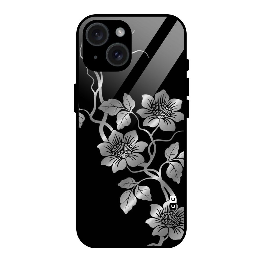 Silver Grey Flowers Glass Back Case for iPhone 15