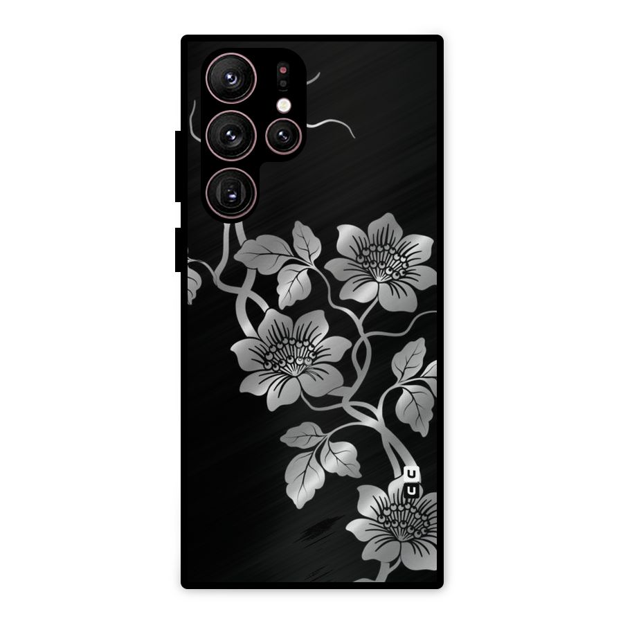 Silver Grey Flowers Metal Back Case for Galaxy S22 Ultra 5G
