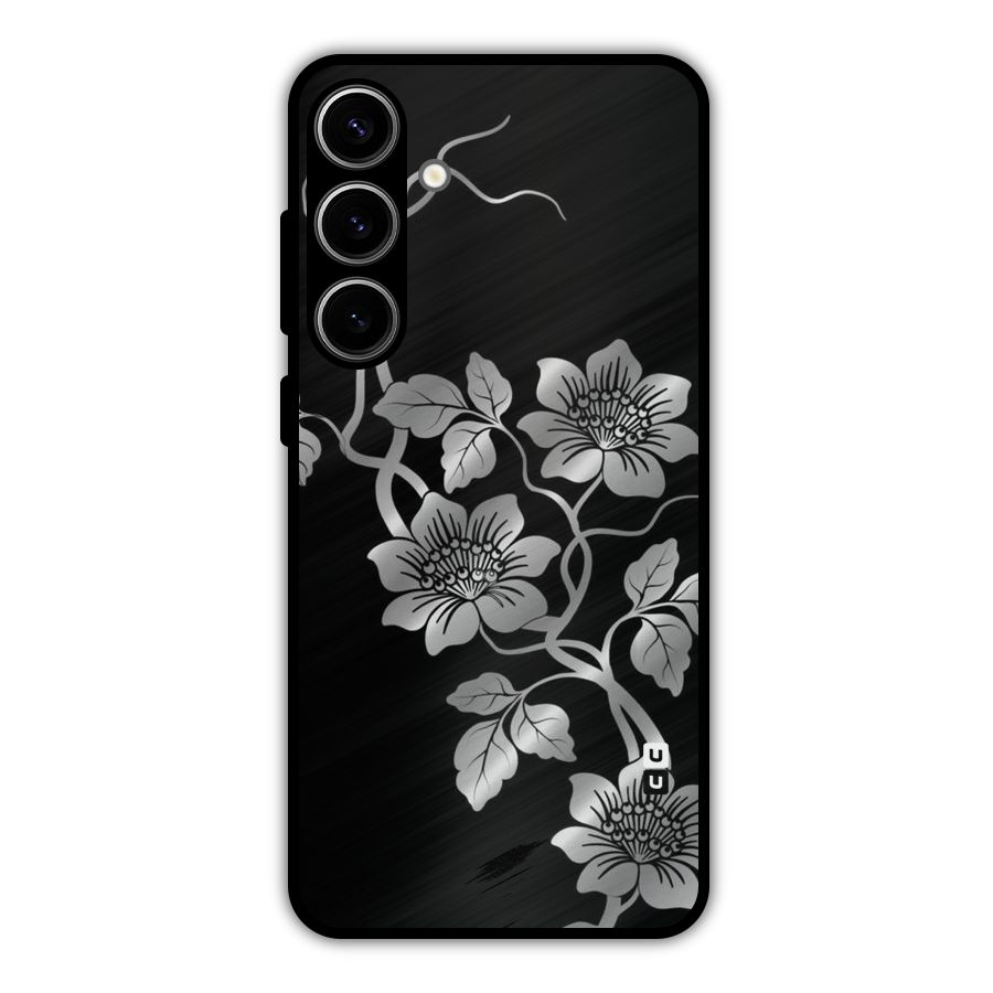 Silver Grey Flowers Metal Back Case for Galaxy S24 Plus