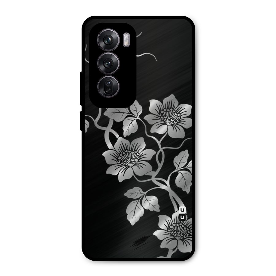 Silver Grey Flowers Metal Back Case for Oppo Reno12 Pro
