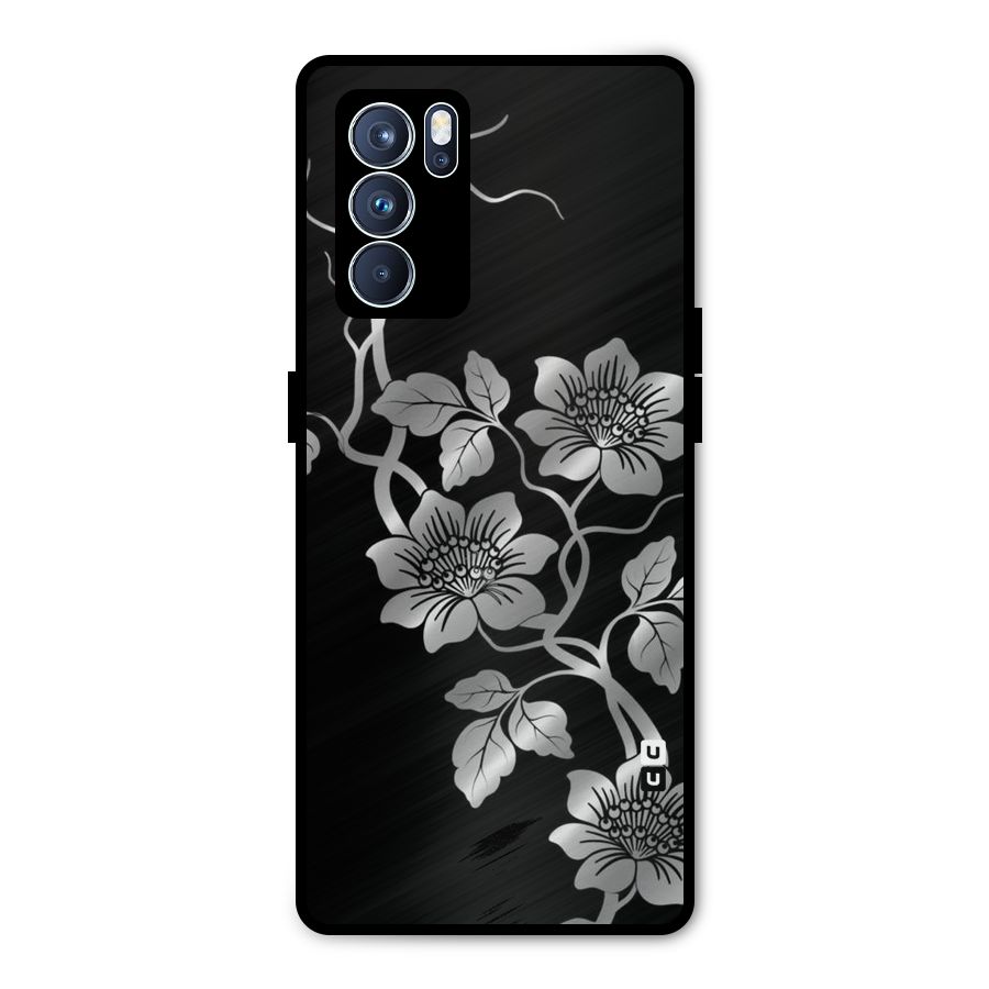 Silver Grey Flowers Metal Back Case for Oppo Reno6 Pro 5G