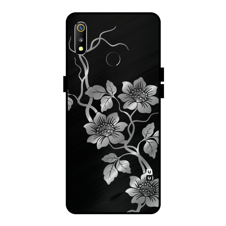 Silver Grey Flowers Metal Back Case for Realme 3i