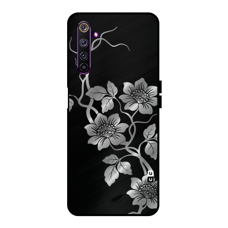 Silver Grey Flowers Metal Back Case for Realme 6 Pro