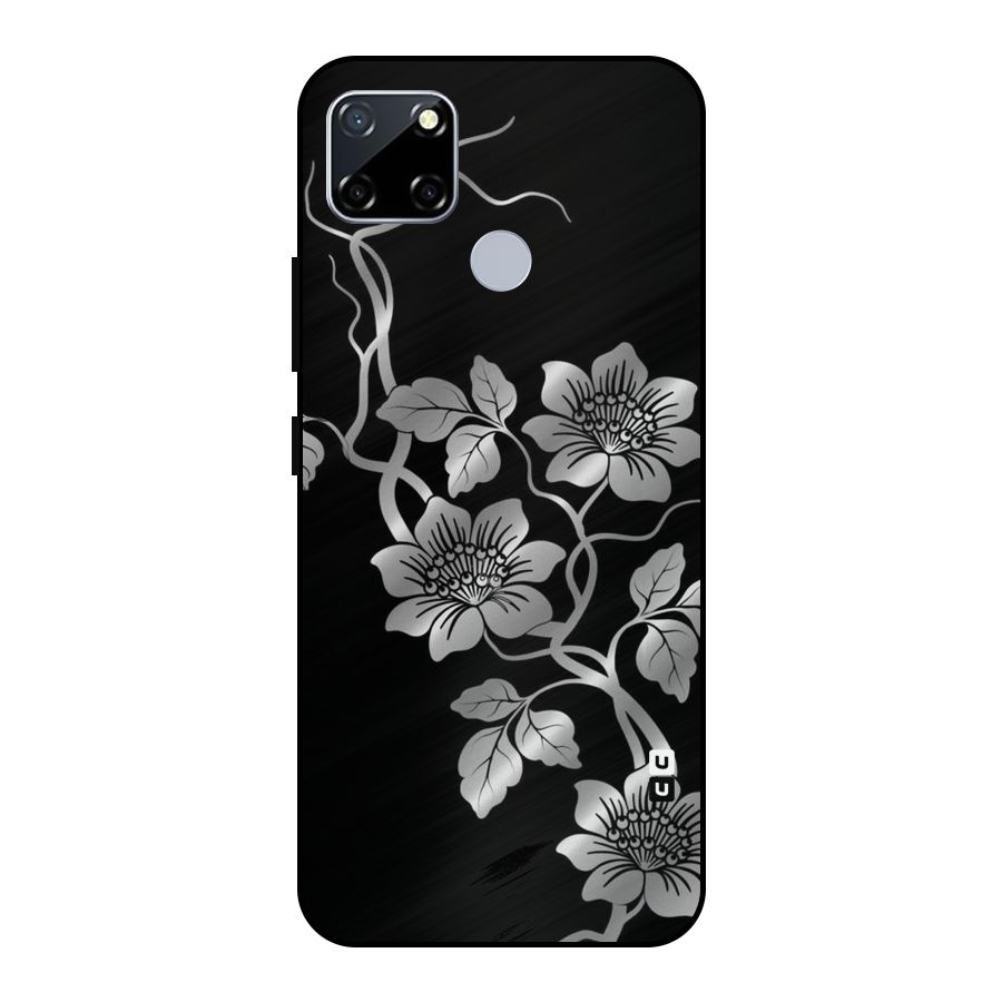 Silver Grey Flowers Metal Back Case for Realme Narzo 30A