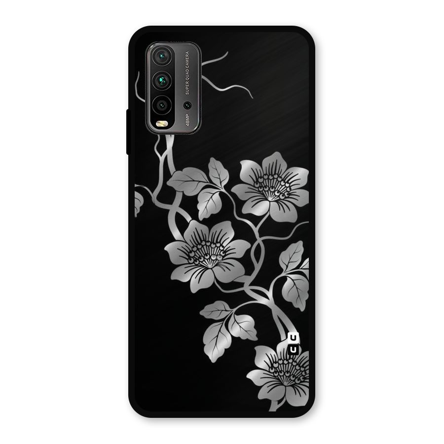 Silver Grey Flowers Metal Back Case for Redmi 9 Power