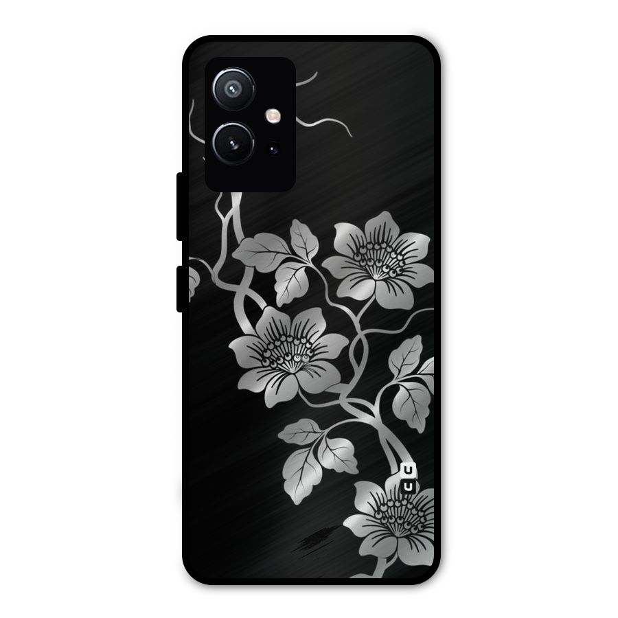 Silver Grey Flowers Metal Back Case for Vivo T1 5G