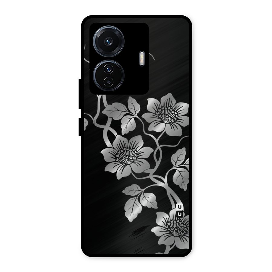 Silver Grey Flowers Metal Back Case for Vivo T1 Pro