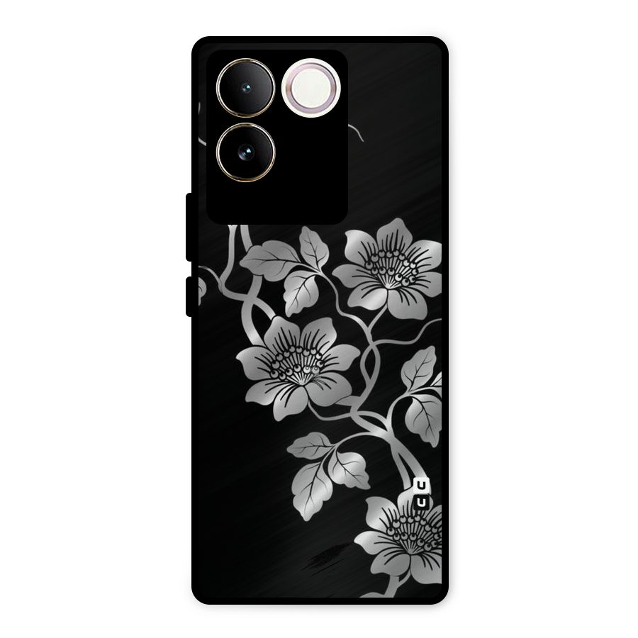 Silver Grey Flowers Metal Back Case for Vivo T2 Pro