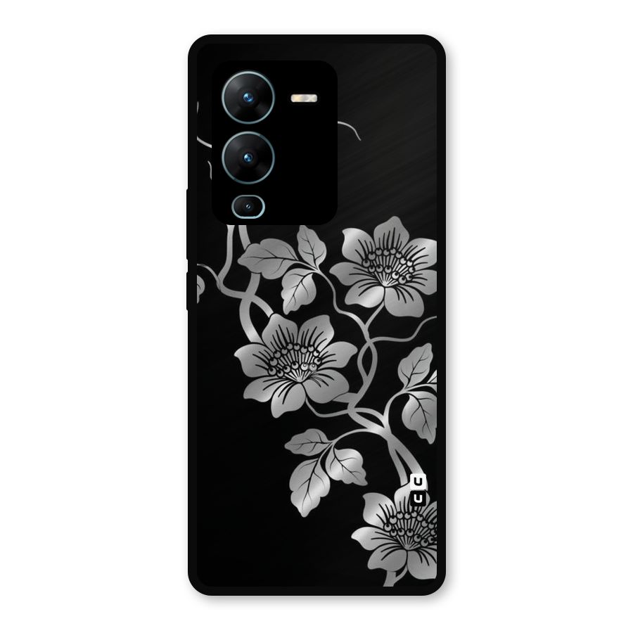 Silver Grey Flowers Metal Back Case for Vivo V25 Pro
