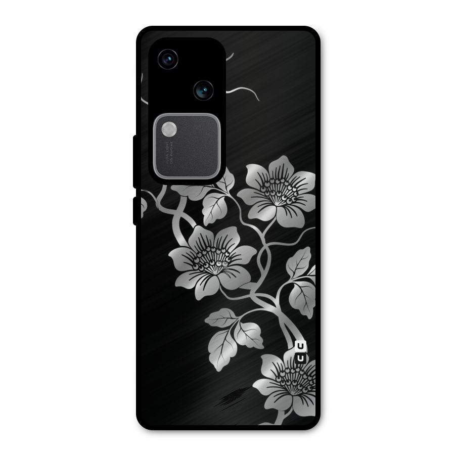 Silver Grey Flowers Metal Back Case for Vivo V30 Pro