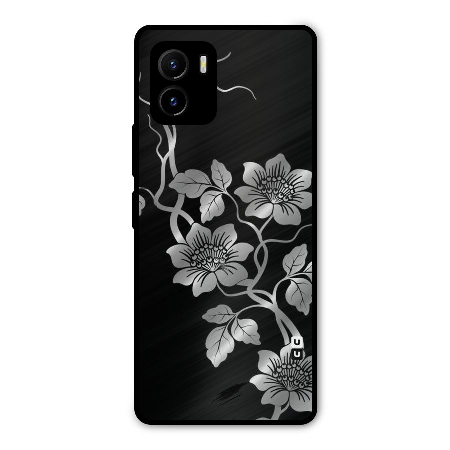 Silver Grey Flowers Metal Back Case for Vivo Y15s