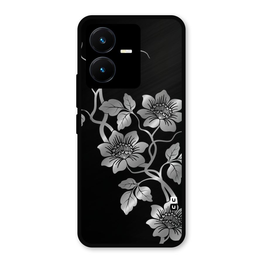 Silver Grey Flowers Metal Back Case for Vivo Y22s
