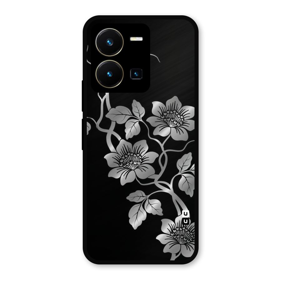 Silver Grey Flowers Metal Back Case for Vivo Y35