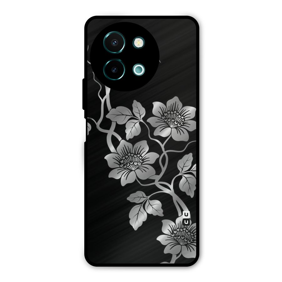 Silver Grey Flowers Metal Back Case for Vivo Y58