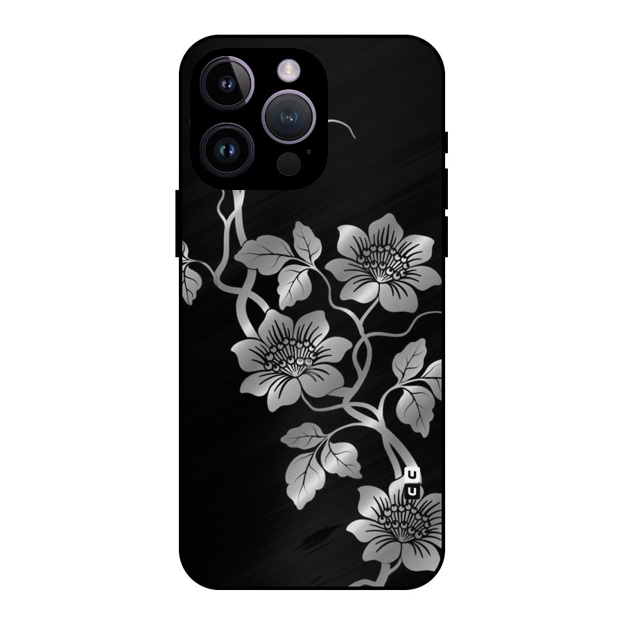 Silver Grey Flowers Metal Back Case for iPhone 14 Pro Max